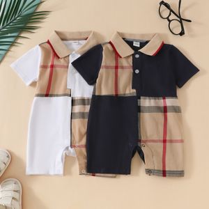 Baby Designer Rompers baby boys plaid jumpsuits toddler kids lapel short sleeve cotton climb clothes fashion newborn lattice Bodysuit