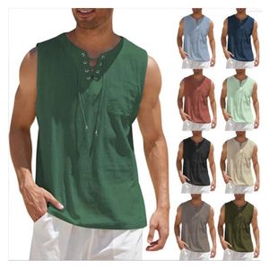 Herrtankstoppar sommarfast färg ärmlös väst snabb torkning och andningsbar amerikansk tuff kille stil bomullslinne kamisol t-shirt
