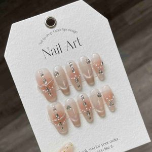 False Nails 10pcs detachable pink ice Blush Cat Eye Steel Beads press on nails long acrylic full cover ballet handmade false nails with glue Y240419