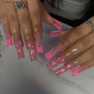 False Nails 24st False Nails Long Ballet French Fake Nails With Rhinestone Glitter Pink Heart Designs Press On Nail Full Cover Manicure Tip Y240419