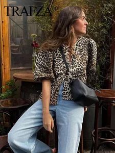 Blusas femininas trafza mulheres chiques estampas de leopardo Hollow Out Lace Up Blusa de-pesco