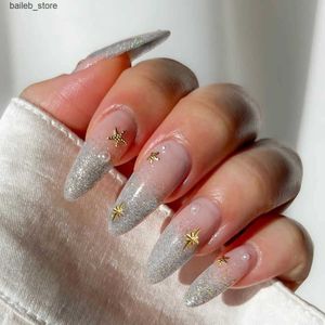 Falska naglar 24st glänsande rosa pärlor falska naglar gradient vit stjärna falsk nagel lapp mandel koreansk söt press på naglar fullt omslag design y240419 y240419