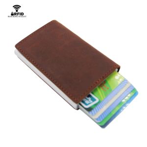 Plånböcker ID Kreditbankkortshållare äkta läderplånbok Crazy Horse Leather RFID Aluminium Card Holder Vintage Purse Antithelf Wallet