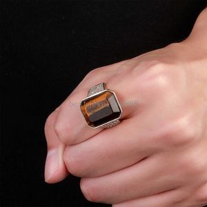 Vintage Hip Hop Big Natural Tiger Stone Ring Band Mens Błyszczące mikro Zestaw Cubic Cz Stone 14K Gold Solid Copper Open Mankiet Pierścienie palec Regulowane biżuterię