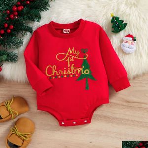 Rompers spädbarn baby flicka pojke jul bodysuit långa ärmar Santa bokstav tryck Jumpsuit 3-18m 230811 Drop Delivery Kids Maternity C DHbit