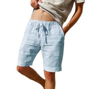 Mens Cotton Linen Shorts Beach Pants Male Summer Breathable Solid Color Hawaii Trousers Fitness Streetwear S-3XL 240419
