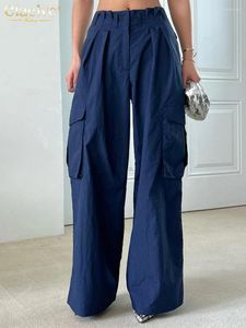 Женские штаны Clacive Fashion Lose Blue Nylon 2024 Элегантная высокая талия с широкой уличной одеждой классические грузовые брюки женщины