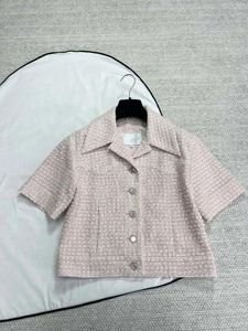 女性用ジャケット2024春/夏オレンジピンクのツイードターンダウンカラー半袖コート女性Tシャツジャケットニットカーディガン