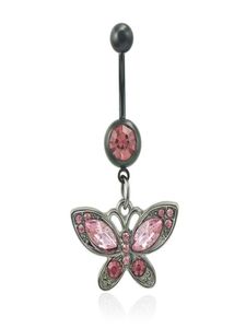 Mode Belly Button Rings Pink Rhinestone Black Butterfly 316L Rostfritt stål Sexig navel Body Piercing Jewelry3499775