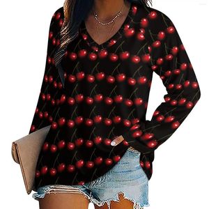 Damen T-Shirts Rot süße Kirsch T-Shirts natürlicher Frucht lässiges lockeres Hemd Langarm Kawaii bedruckte Tees Damen Tops 3xl 4xl 5xl