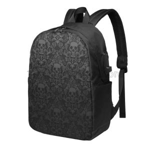 Rucksäcke Goth Gothic Black Skull Damast Muster Laptop Rucksack 17 Zoll langlebig Leichtes Casual Travel Daypack mit USB -Ladeanschluss