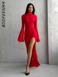 Swobodne sukienki boofeenaa czerwona wieczór elegancka seksowna flare rękaw bez pleców wysokie rozłam długie sukienka ślub gościnny strój C85-CF29