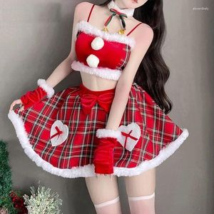 Casual Dresses Student Plaid Santa Claus Uniform Cosplay Christmas Women Fluffy Ball Crop Top Skirt Gloves Outfits Costumes Year Red Dress