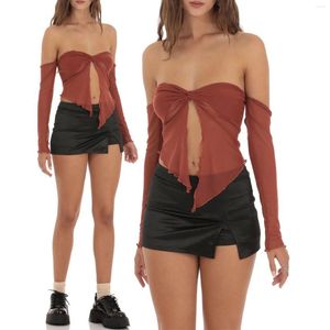 Kvinnors tankar Summer Basic Beach Style Sexig Sheer Tube Tops Solid Color Off Shoulder Front Knot Mesh T-shirts