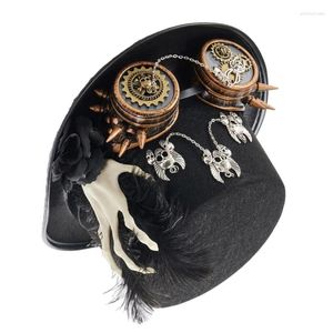 Basker platt topp hatt med handskelett steampunk medeltida halloween tjej små brims fedoras scenföreställningar