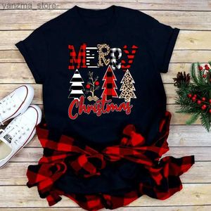 T-shirt feminina Mulheres Feliz Natal Impressão de leopardo TR Black Tam camise