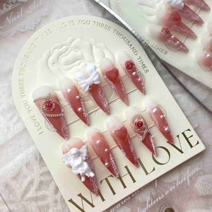 أظافر زائفة 10pcs Red Handmade اللوز Press on Nails Ballerina Flower مع أحجار الراين التي يمكن ارتداؤها زخرفة زخرفة الأظافر مزيفة نصائح y2404198fev