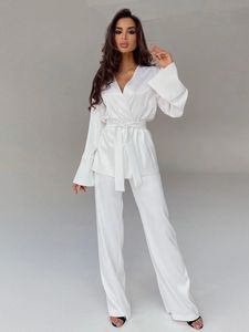 Solidny kolor piżamy dla kobiet szlafroki pełne rękawy damskie ubrania domowe spodnie Satynowe koszulki nocne sprężynowe odzież 240407