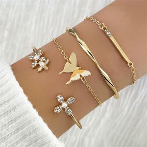 Vintage Gold Color Cuff Bracelet Set of 4 Stainless Steel Butterfly Combination Fashion Elegant Jewelry Gifts 240417