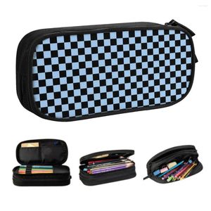 Black And Baby Blue Checkerboard Kawaii Pencil Case Boys Gilrs Big Capacity Plaid Geometric Pouch Students Stationery
