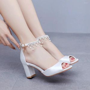 Dress Shoes 7cm Fish Mouth High Heel Sandals Shallow Large Round Head Beaded Tassel Heels Bridal Silk