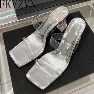 Slippers Sexy Clear High Heels One Belt Aberto Sandals Fashion Slip On Party Sapates Silver Jelly Pvc For Women