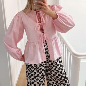 Women's Blouses Women Y2k Tie Front Tops Puff Long Sleeve Peplum Shirts Laceup Babydoll Blouse 2024 Summer Cute Going Out Streetwear