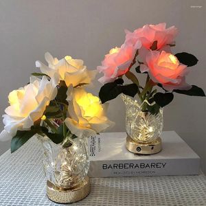 Table Lamps Rose Lamp Artificial Flowers Creative Night Lights Battery Operated Atmosphere Light With Crystal Clear Glass Vase