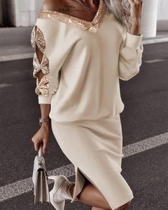 Work Dresses Contrast Sequin Bow Decor Top & Split Hem Skirt Set Women Autumn Winter Sweatshirt V Neck Long Sleeve High Waist
