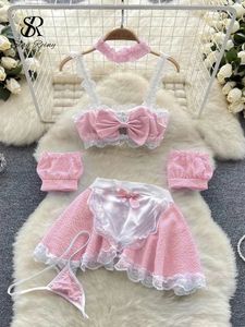 Singreiny Bow Korean Uniform Suits Sweet ärmlös Camis Kort kjol Briper Set Maid Cosplay Lingerie Plaid Spets Sexiga kostymer 240419