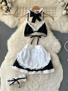 SingReiny Erotic Axless Women Underwear Set Bow Pet Sensual Roll Play Set Fashion Maid Uniform Sexig underkläderkjol kostymer 240419