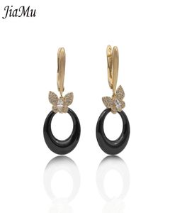 Jiamu New 585 Rose Gold Natural Zircon Black White Ceramic Earring Golden Butterfly Zircon Drop Pendant Women Earring Party Gift C1182072