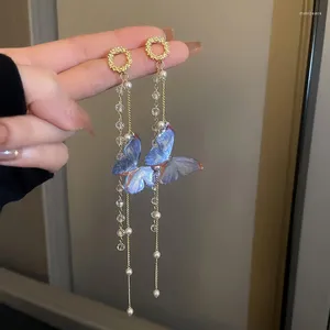 Kolczyki Dangle Pearl Crystal Acryl Blue Pink Butterfly For Women 2024 Koreańska biżuteria modowa Prezenty urodzinowe Prezenty