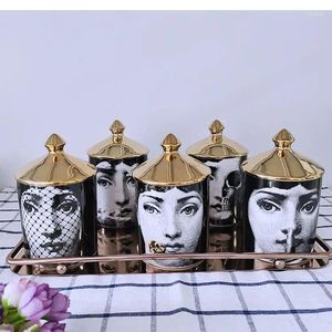 Bottles Handmade Gold Lid Candle Jar Storage Container Female Face Ceramic Craft Home Decoration Jewelry Box Makeup Brush