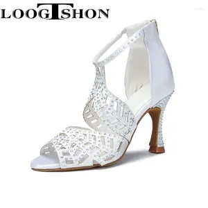 Dans Ayakkabıları Loogtshon Beyaz Rhineston Bayanlar Latin Balo Salonu Latin Latin Latin Salsa Salsa-Dance-Shoes