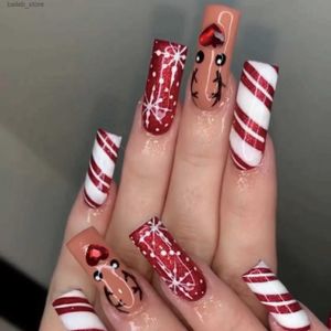 Falska naglar 24 st jul superlånga falska naglar fyrkantiga röda snöflingor älg design falska naglar xmas avtagbar full täckning på nagelspetsar y240419