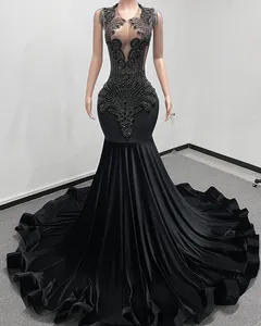 Sparkly Black Prom -klänningar för svarta flickor Velvet Crystals Sequin Mermaid Party Gowns 2024 Graduation Evening Dress