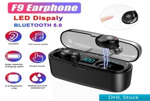 Stock F9 TWS Bluetooth 50 mini -fone de ouvido hifi impressão digital touch fones de ouvido sem fio com carregamento digital LED 1717208