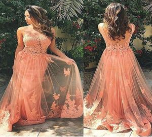 Backless prom dresses orange color lace appliques 2016 tulle Illusion evening gown long sexy round neck sheer top vestidos3383604