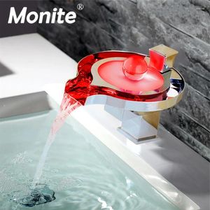 Banyo Lavabo Monit Monit LED musluk pirinç krom şelale havzası 3 renk değişikliği musluk suyu güç mikseri