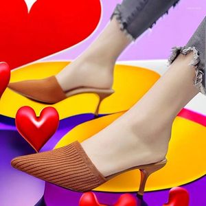 Slippers Women's 2024 Package Head Knitted High Heels Summer Fashion Versatile Ladies Half Shoes For Women Sandals