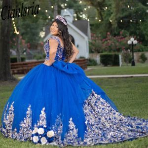 Royal Blue Off the Shoulder Ball Gown Quinceanera Dresses For Girls Pärlade applikationer Födelsedagsfestklänningar spetsar
