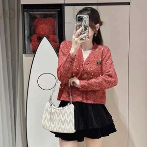 Women's Sweaters Designer miu Knitted Cardigan Spring 2024 New Outwear Long sleeved Round Neck Top Sequin Sweater Heavy Industry Coat Trend 3IZT