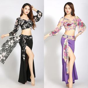 Stage Wear Belly Dance Practice Clothes Bishop Sleeves Top Oriental Beginner Mesh Floral Print Performance Costume