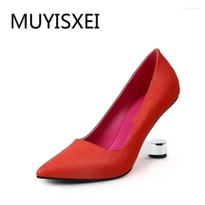 Dress Shoes Women High Heel Steel Hollowed Strange Genuine Leather Pointed Toe Pumps Black Red HL142 MUYISEXI