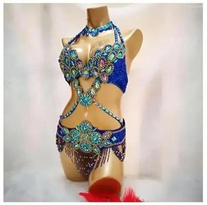 Stage Wear Belly Dance Costume Bra Cintura Collana 3PC Set Show Women Sexy Women Crystal Bellydance Abita