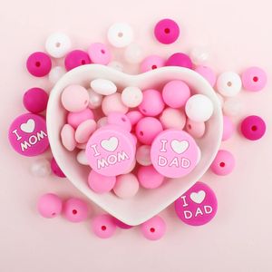 34PcsPack Round Silicone Beads I Love Mum Dad Chewing For Jewellery Making DIY Pacifier Clips Chain Teether Teething Toys 240420