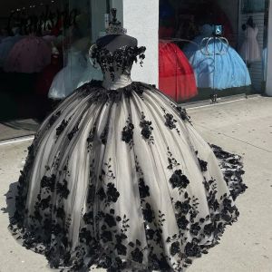 Abito da ballo principessa nero vestiti da quinceanera da appliques in pizzo spalla perle vestidos de 15 anos sweet 16th abito