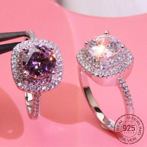 925 sterling silver ring Luxury women039s micro inlaid 8mm zircon rings Princess girl is a square pink diamond street fashion j7332733
