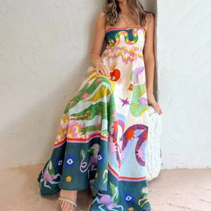 Fashionable Long Suspender Dress With Colorful Printed Comfy Soft Versatile Leisure Dress Birthday Gift 240417